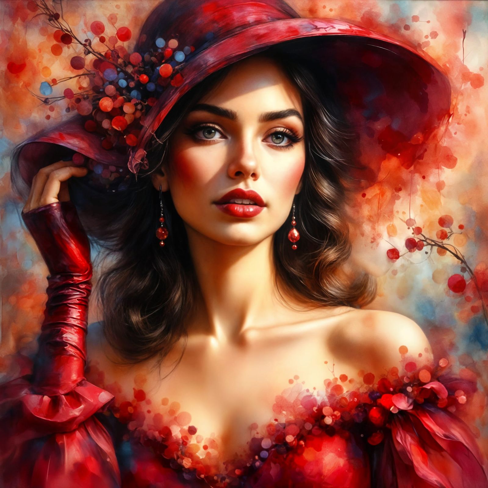 Elegant Woman in Red Dress and Burgundy Hat