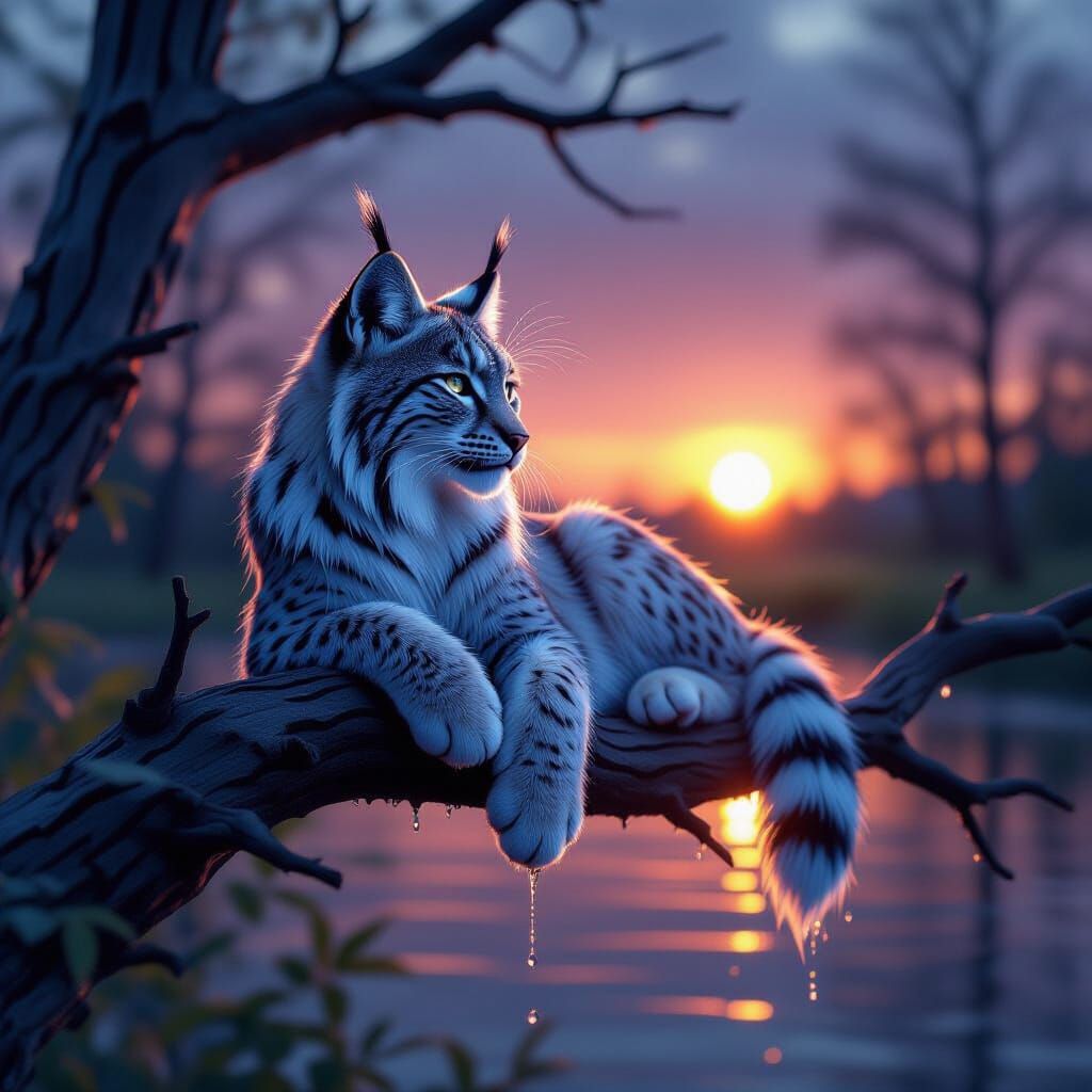 Bioluminescent Water Lynx on Tree Branch at Sunset