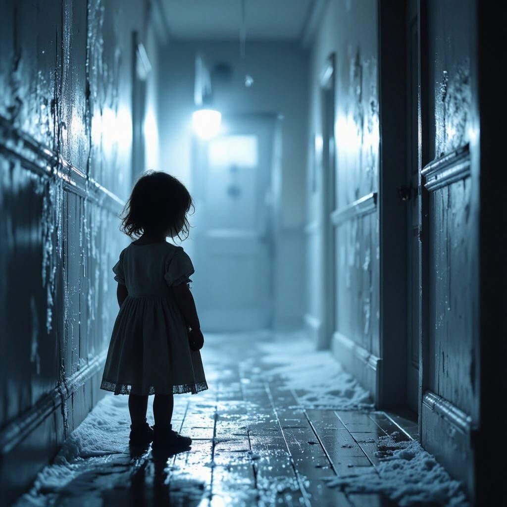 A small child in a cold, dim interior hallway at night.
