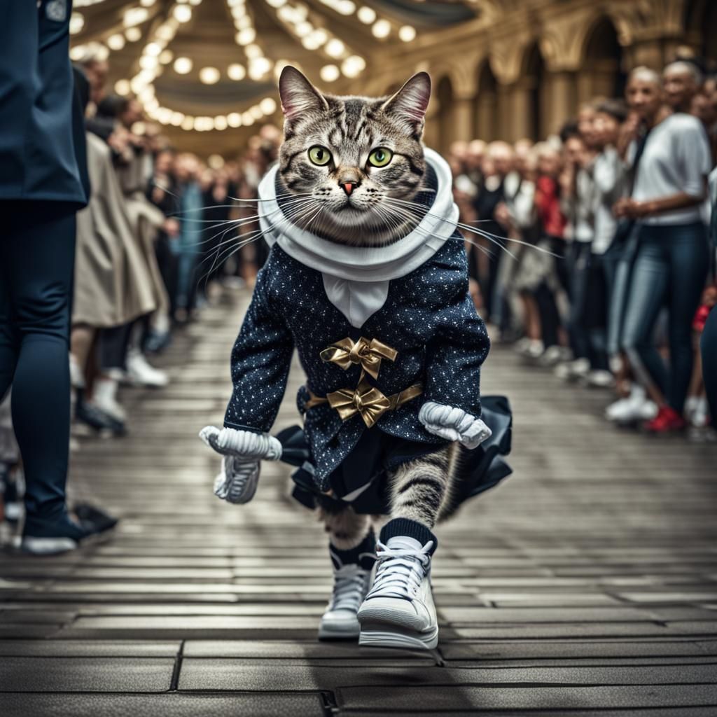 Cat Fashion Model on Catwalk in High Sneakers