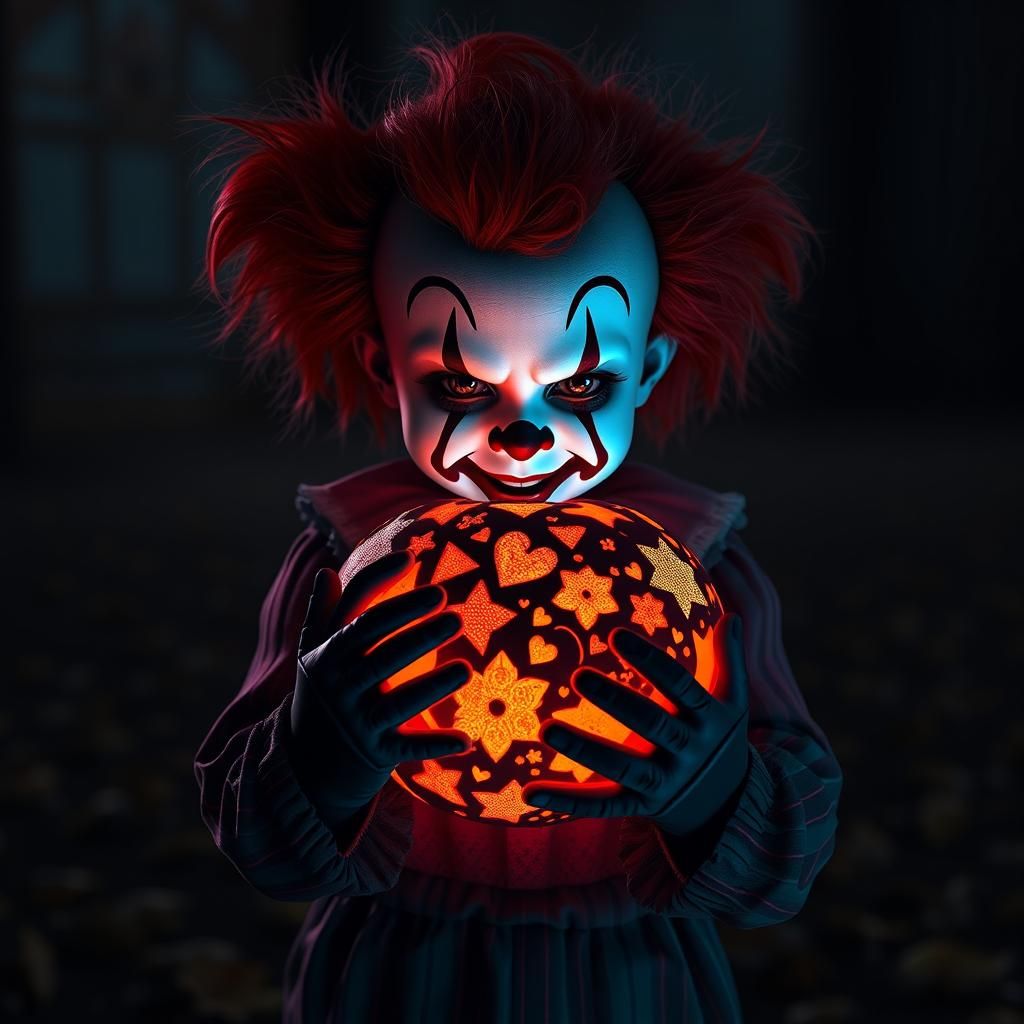 Creepy Clown Kid with Glowing Pumpkin, Digital Art