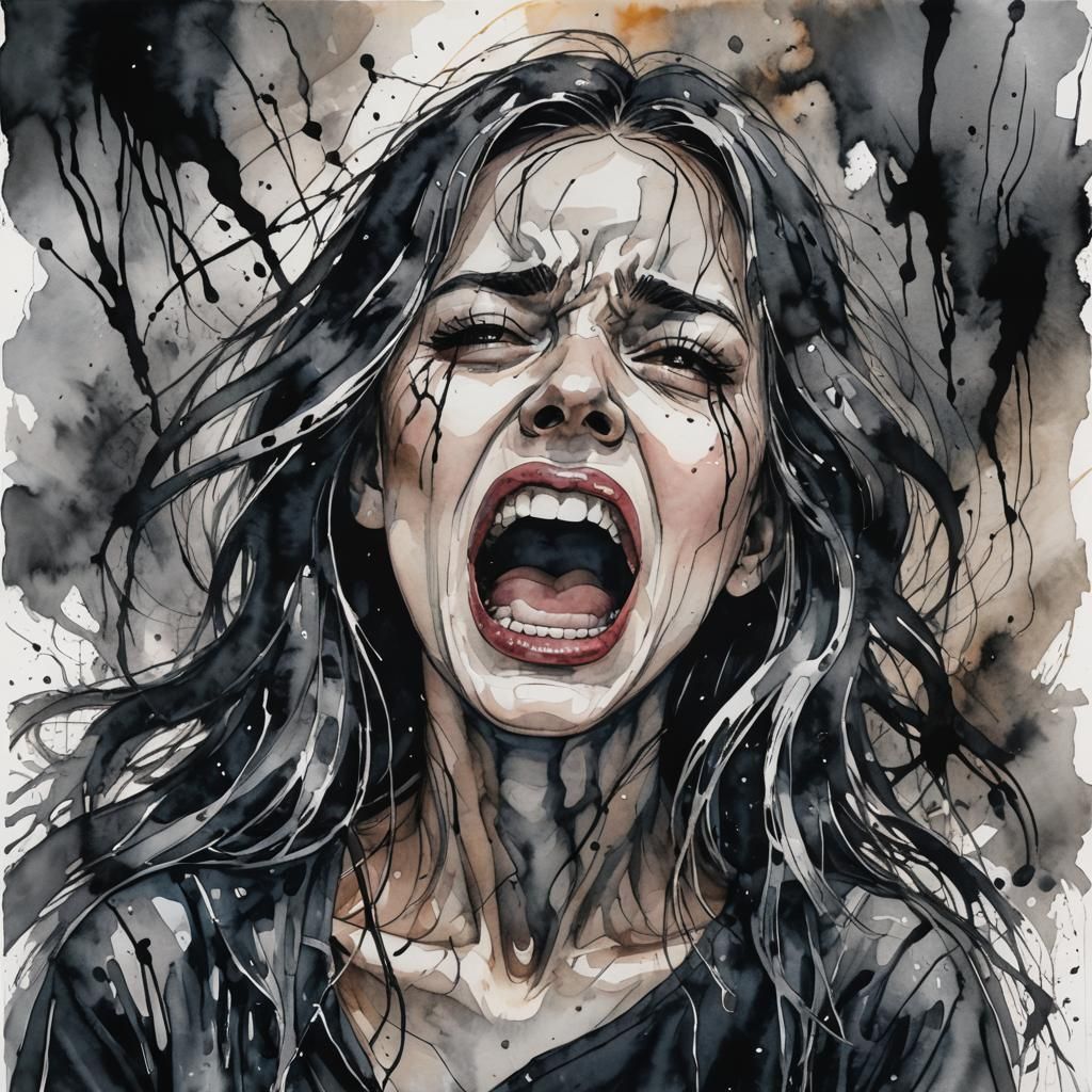 Watercolor Portrait of Girl Screaming in Anguish