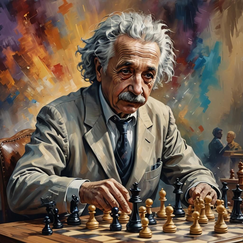 Einstein Wins Chess Game Against Macron: Hyperrealistic Art