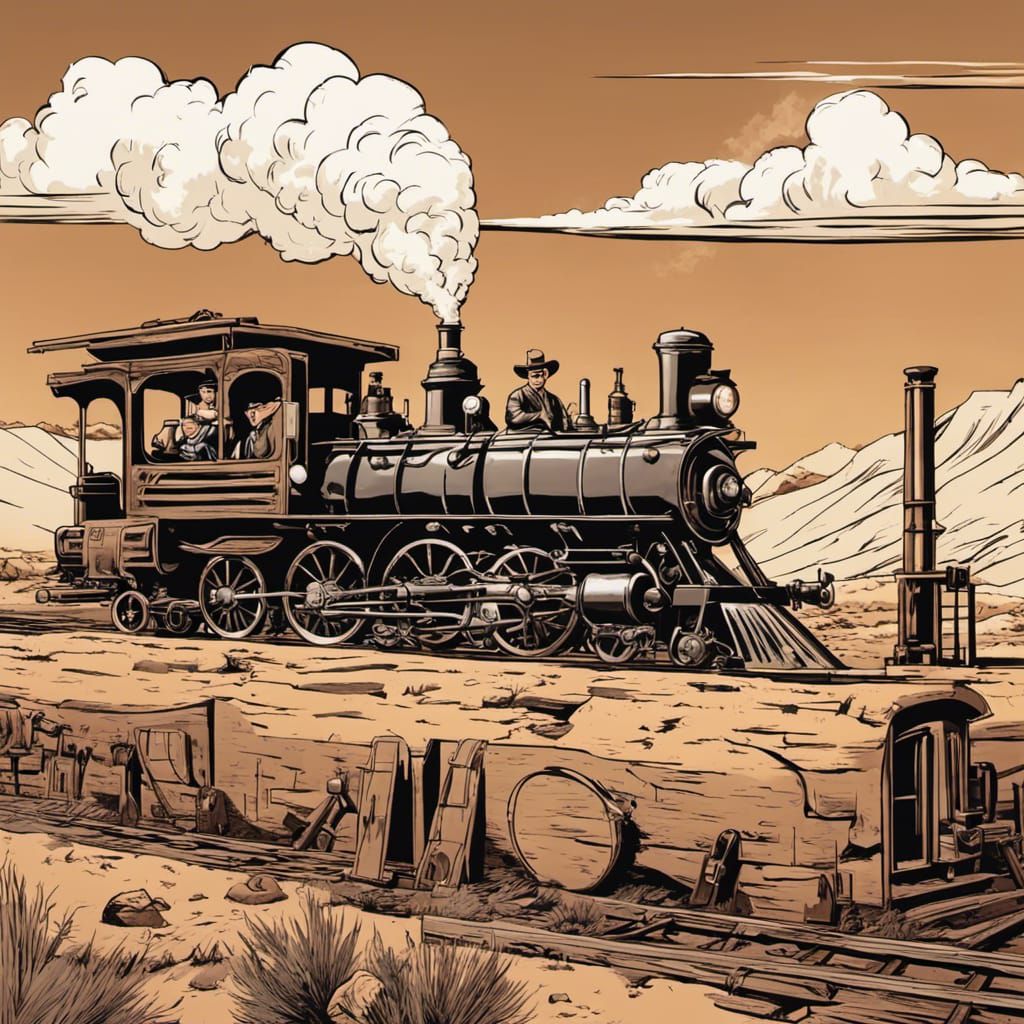 Cowboy Rides Steam Train in Arizona Desert Cartoon