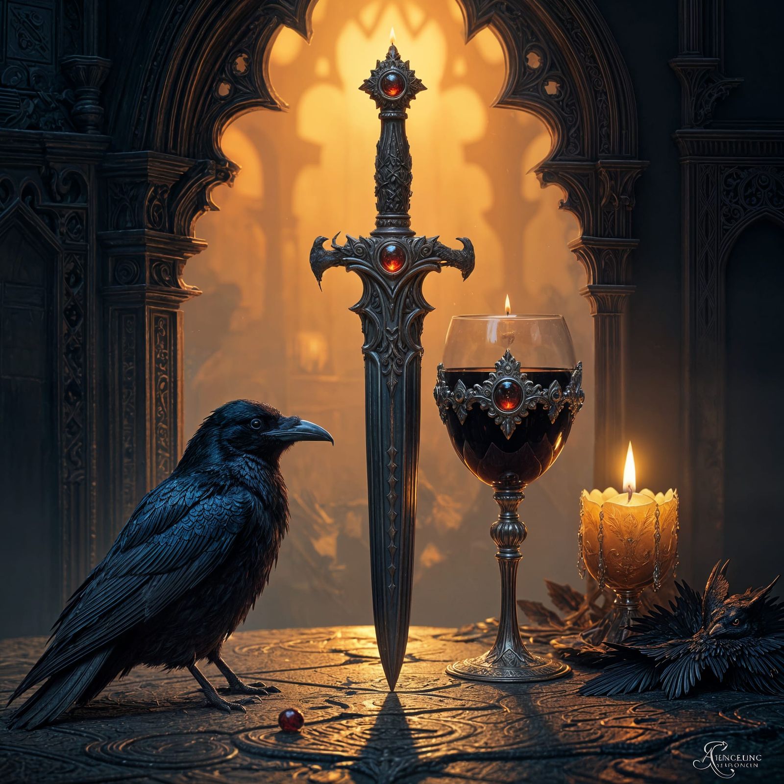 Ornate Dagger, Wine Goblet, Raven, and Candle in Eerie Glow