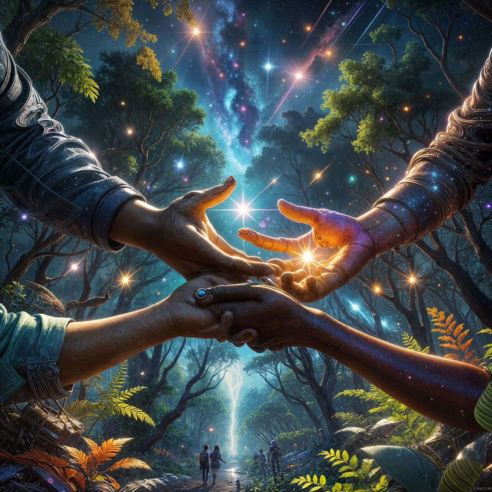 Vivid Digital Art of a Diverse Community Helping Each Other