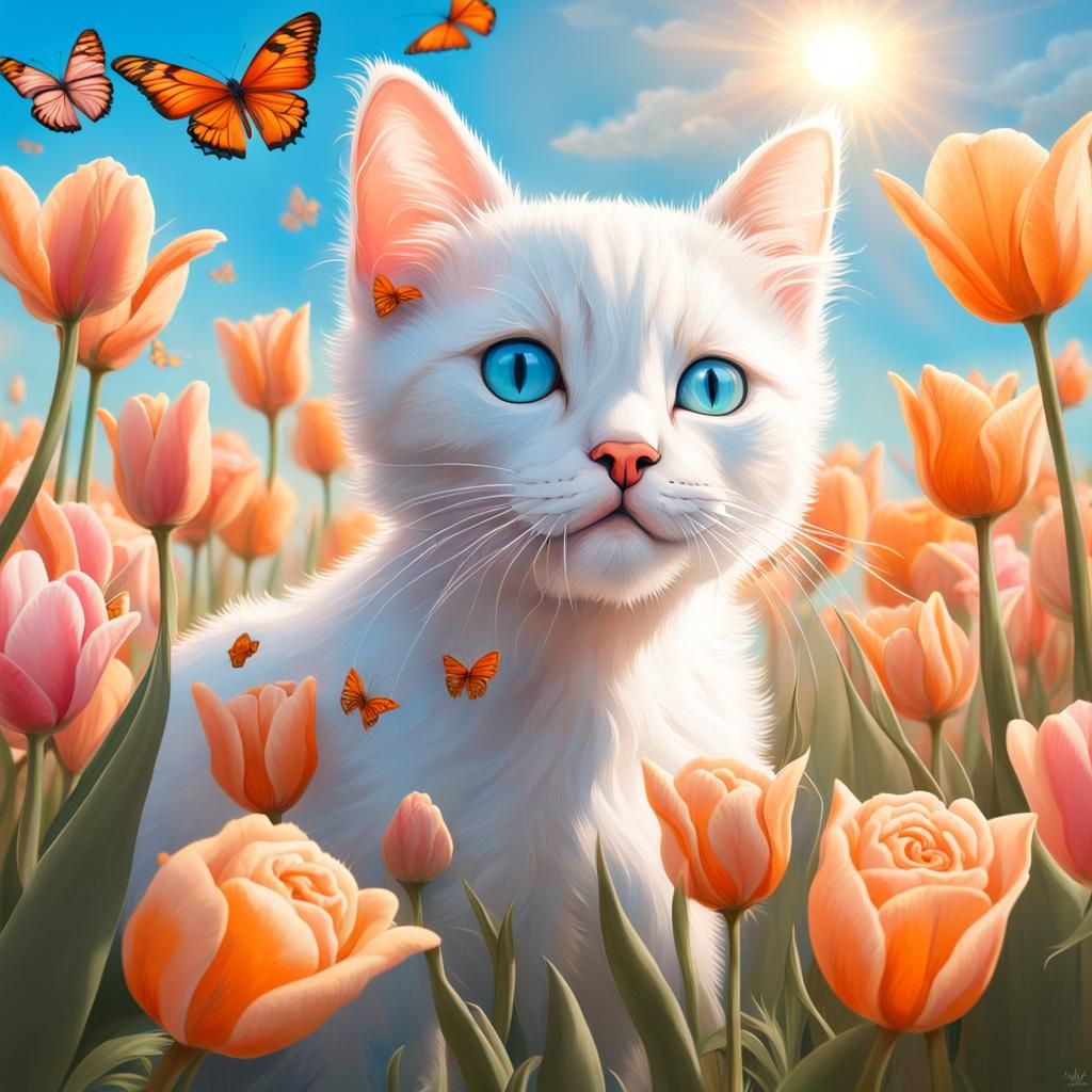 Hyperrealistic Kitten in a Sunny Flower Meadow