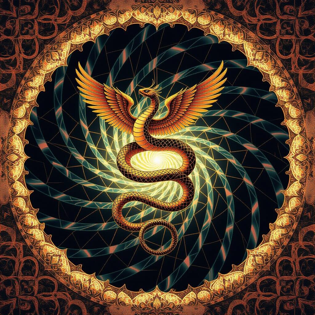 A semi-gilded seraphic serpent coiled in fractal spirals, its scales etched with glowing sigils, speeding through vortex...