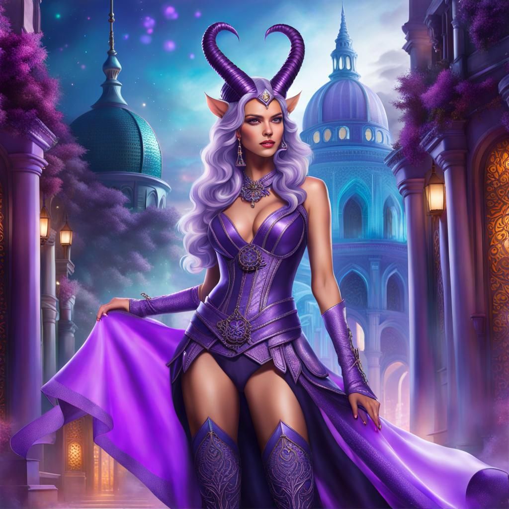Tiefling Model in Ethereal Fantasy City, Occult Art