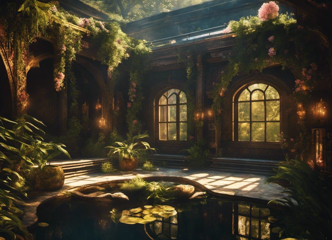 Solarpunk Bathhouse with Flowers in 3D Digital Art