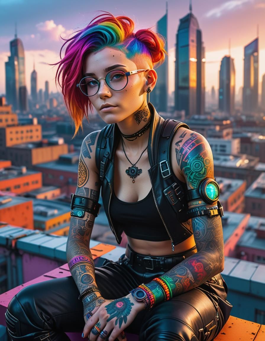 Cyberpunk Woman with Rainbow Hair on Rooftop