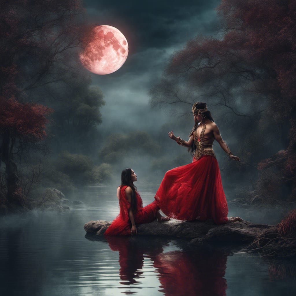Indian King and Lady in Moonlit Lake