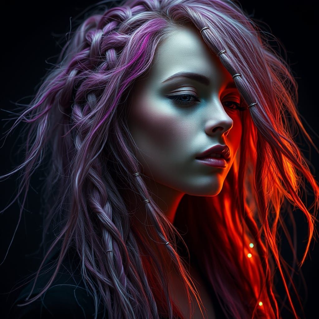Woman's Braids with Glowing Fibers, Hyperrealistic