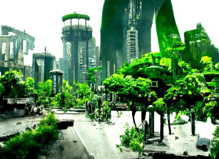 Post-Apocalyptic Cityscape with Futuristic Greenery
