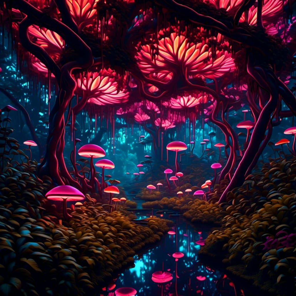 Neon Lit Rainforest Canopy at Night