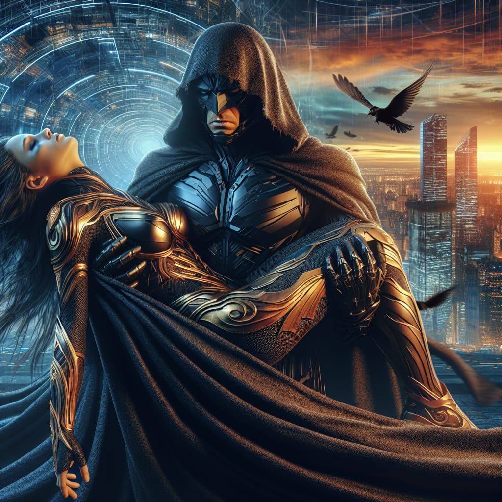 Batman cradling the body of fellow hero Ravensong who travel...