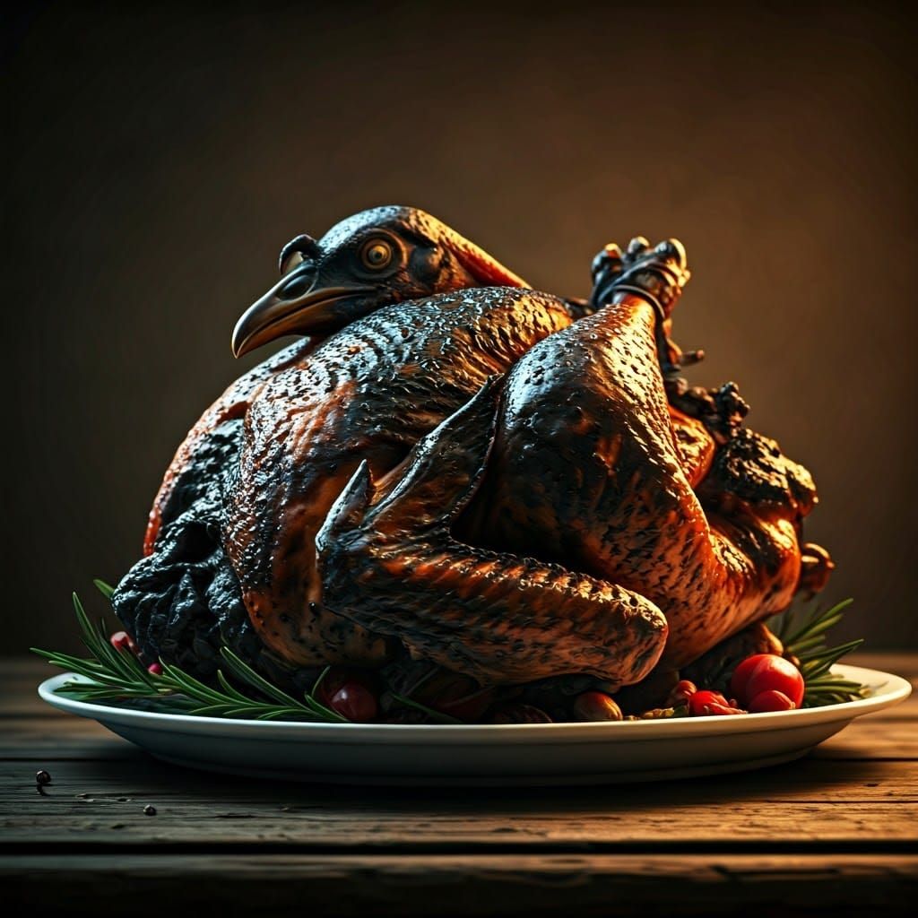 Hyperrealistic Burnt Turkey Dinner in Moody Lighting