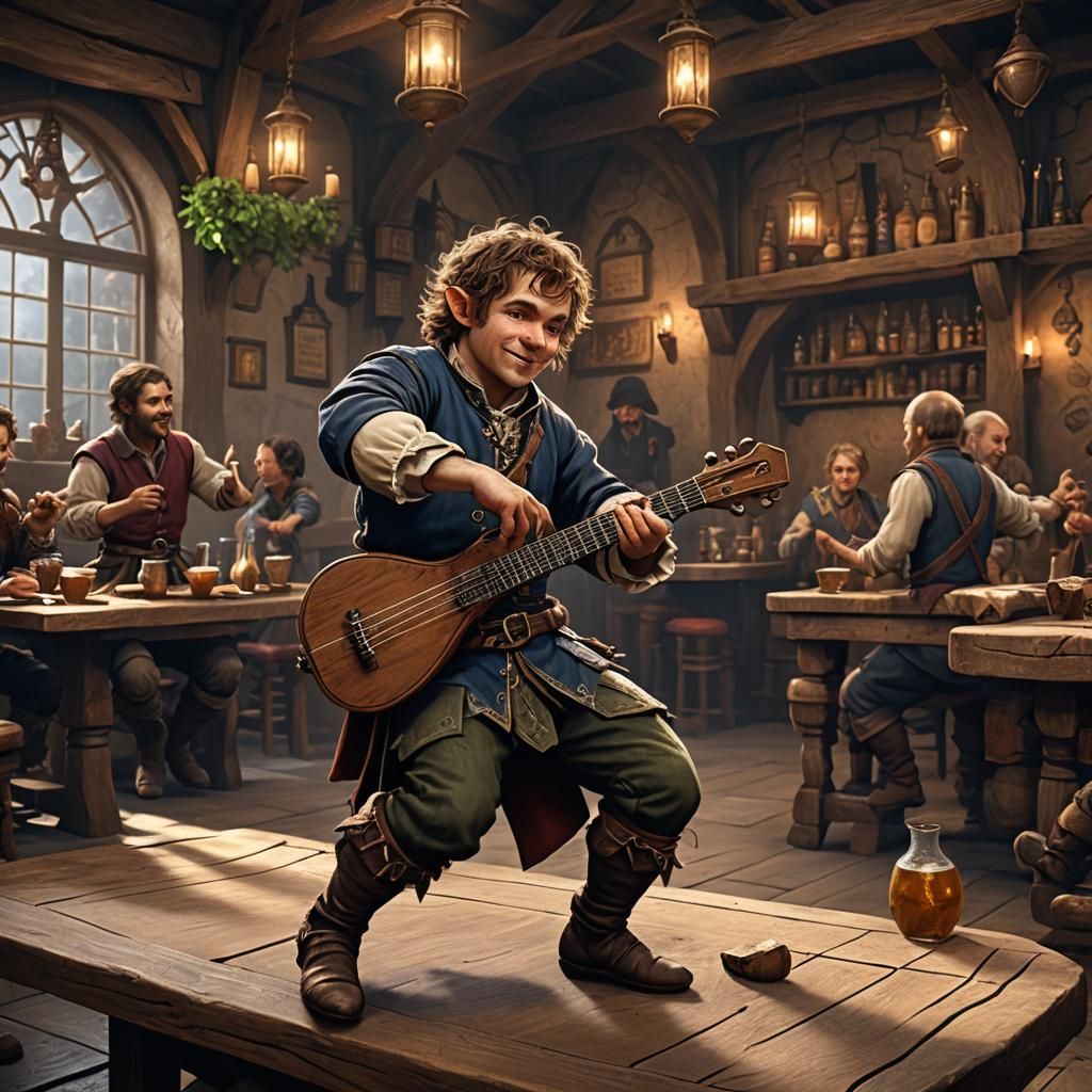Halfling Bard Dances in Tavern, Fantasy Concept Art