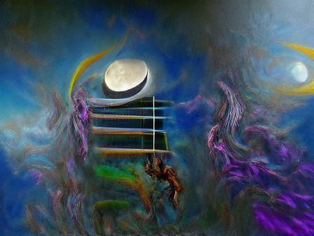 Musicians' Lunar Sacrifice in Hyperrealistic Style