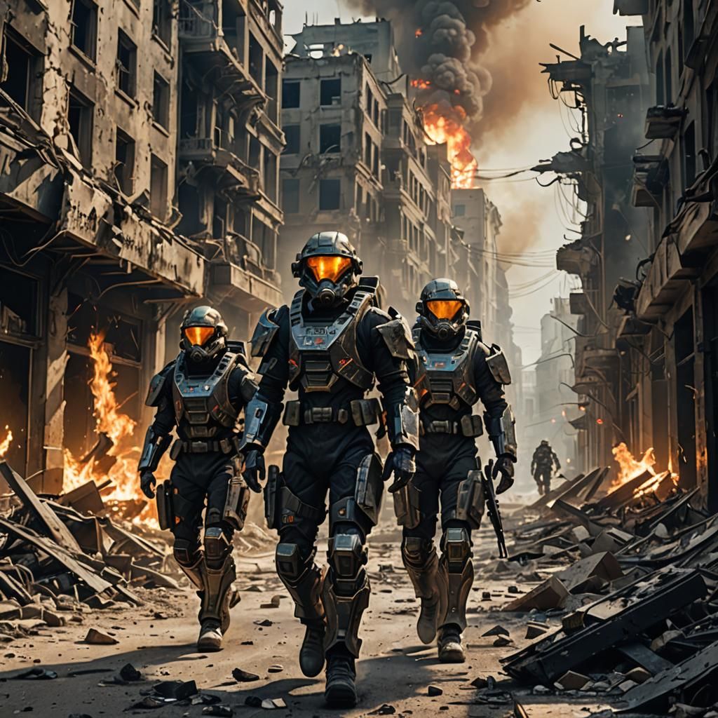 Futuristic Soldiers in War-Torn City, Cyberpunk Style