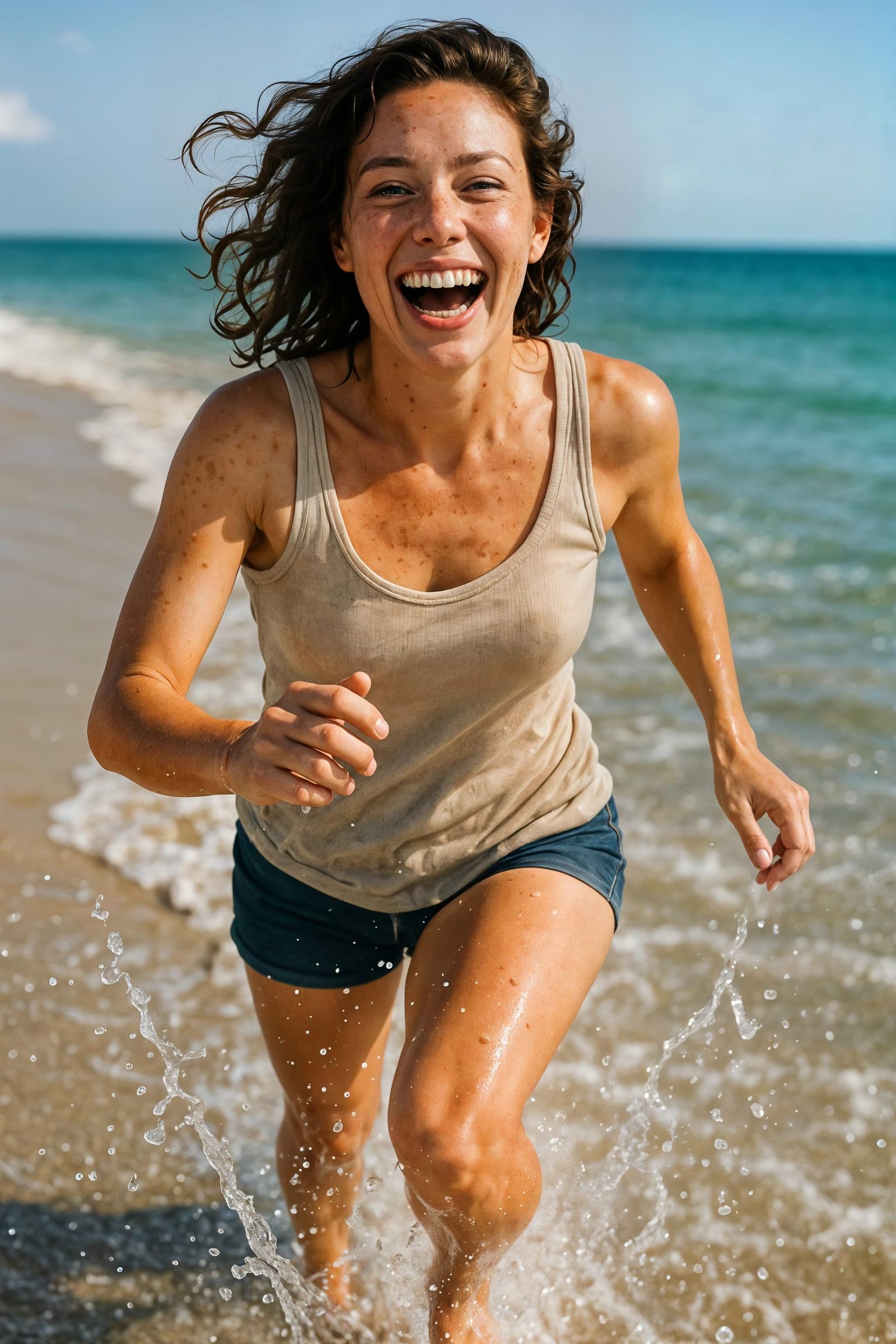 Laughing Woman Running on Beach, DSLR Photography