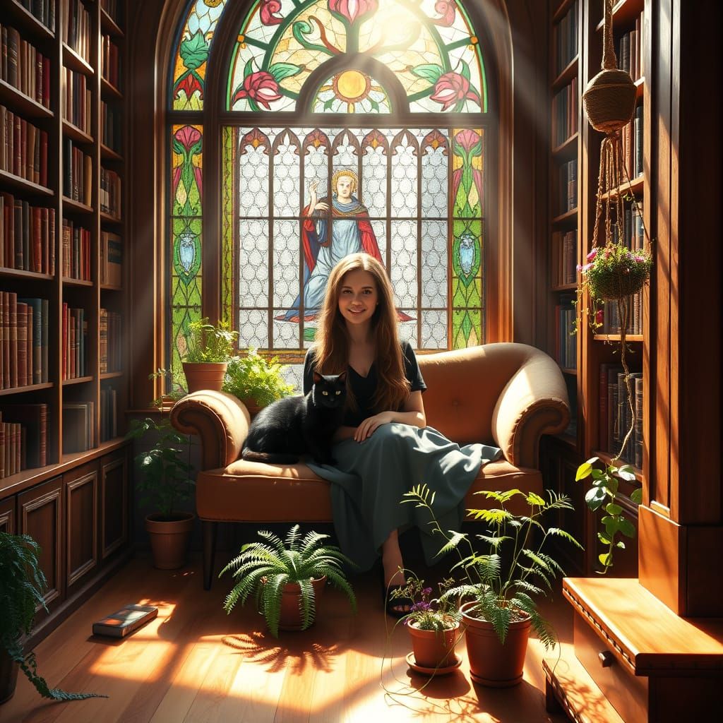 Cozy Reading Nook with Stained Glass Window