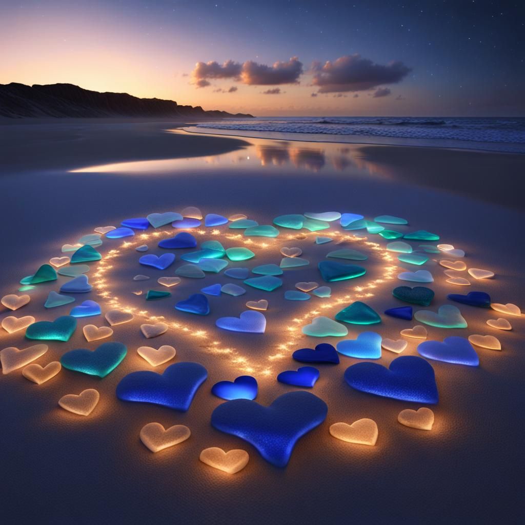 Sea Glass Heart Hologram on Lit Beach