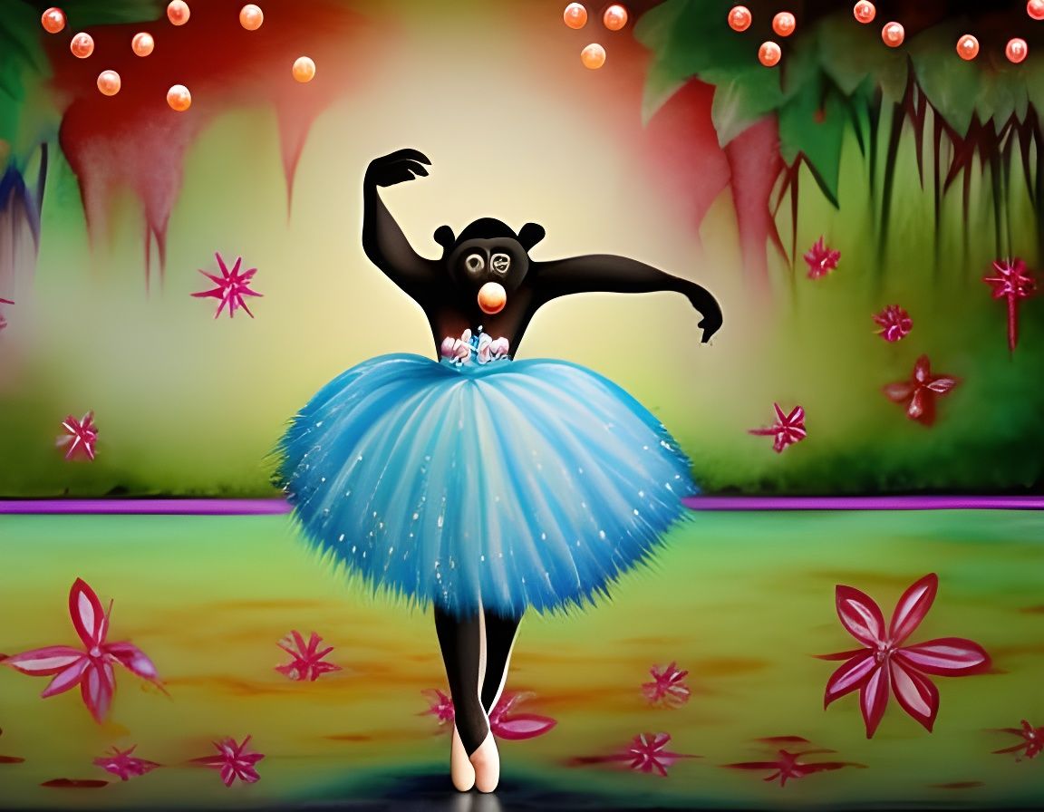 Chimpanzee Ballerina in Theatre, Watercolor Painting