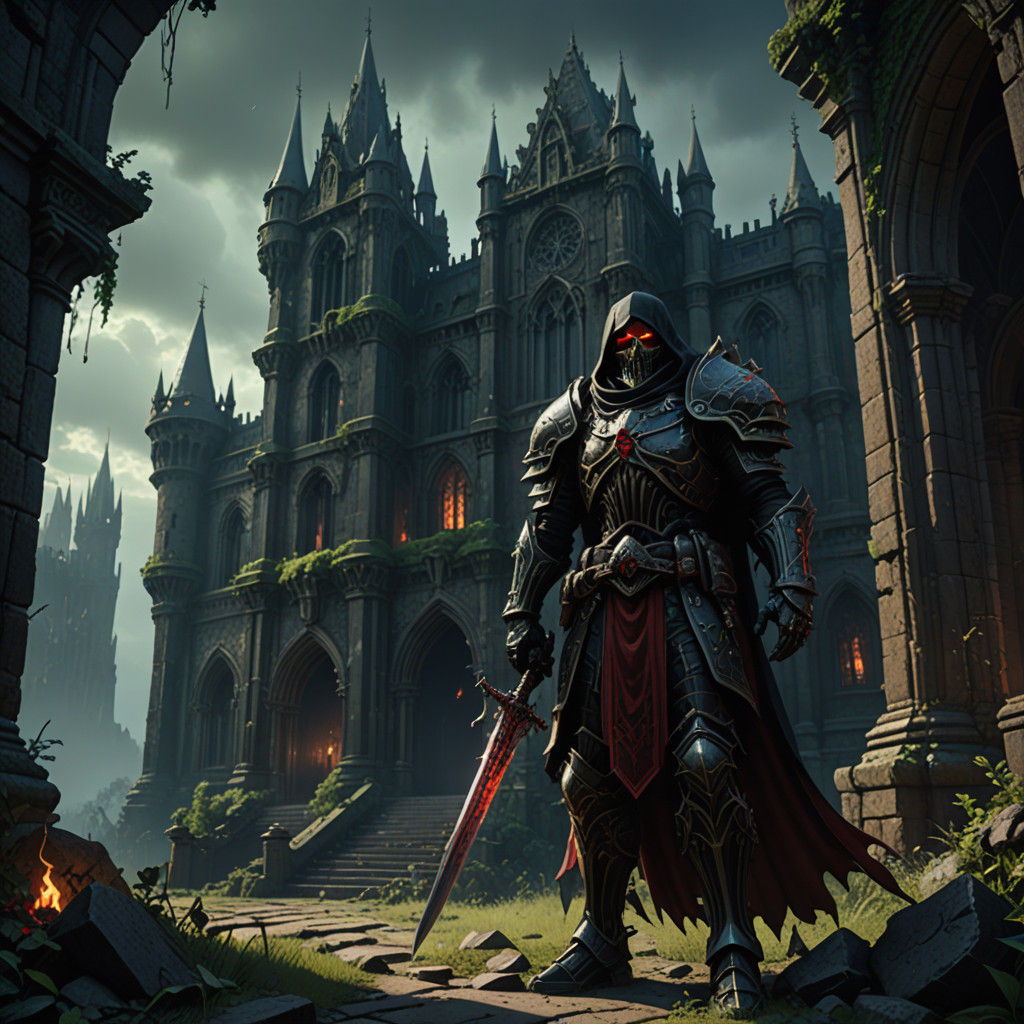 Gothic Death Knight in Dark Fantasy Castle