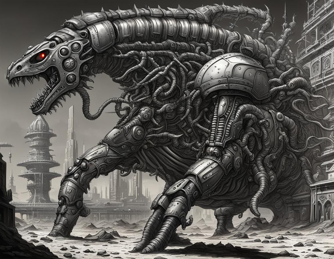 Demonic Mechagodzilla Centaur in H.R. Giger Style