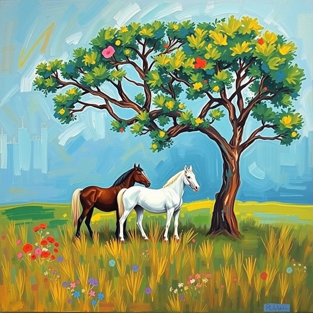 Horses and Tree in Pop Art Expressionist Style