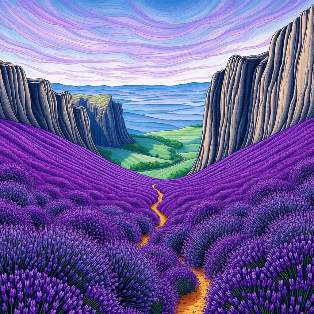 Vibrant Lavender Field Landscape in Intricate Zentangle Styl...