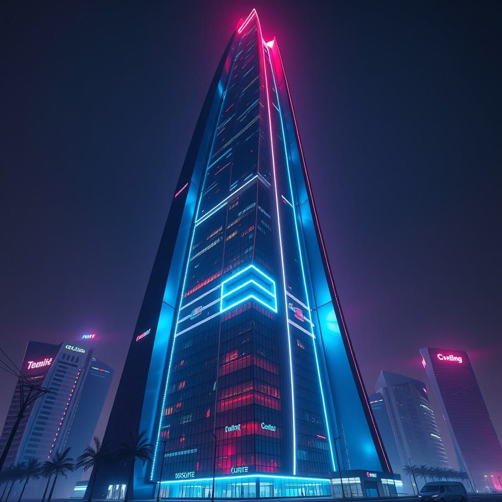 A tall, sleek, aerodynamic building with an ultra-futuristic look at night, covered in glowing neon lights.