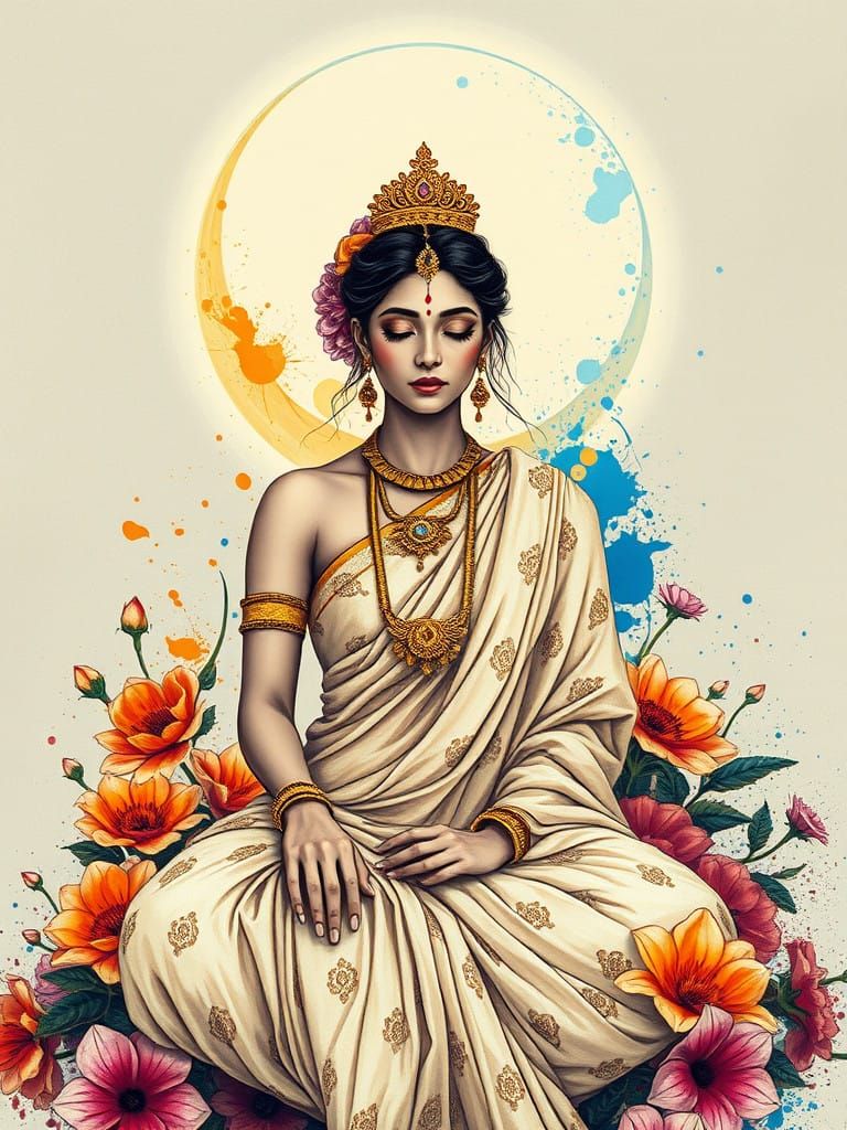 Indian Priestess in Vibrant Floral Halo at Moonlit Night