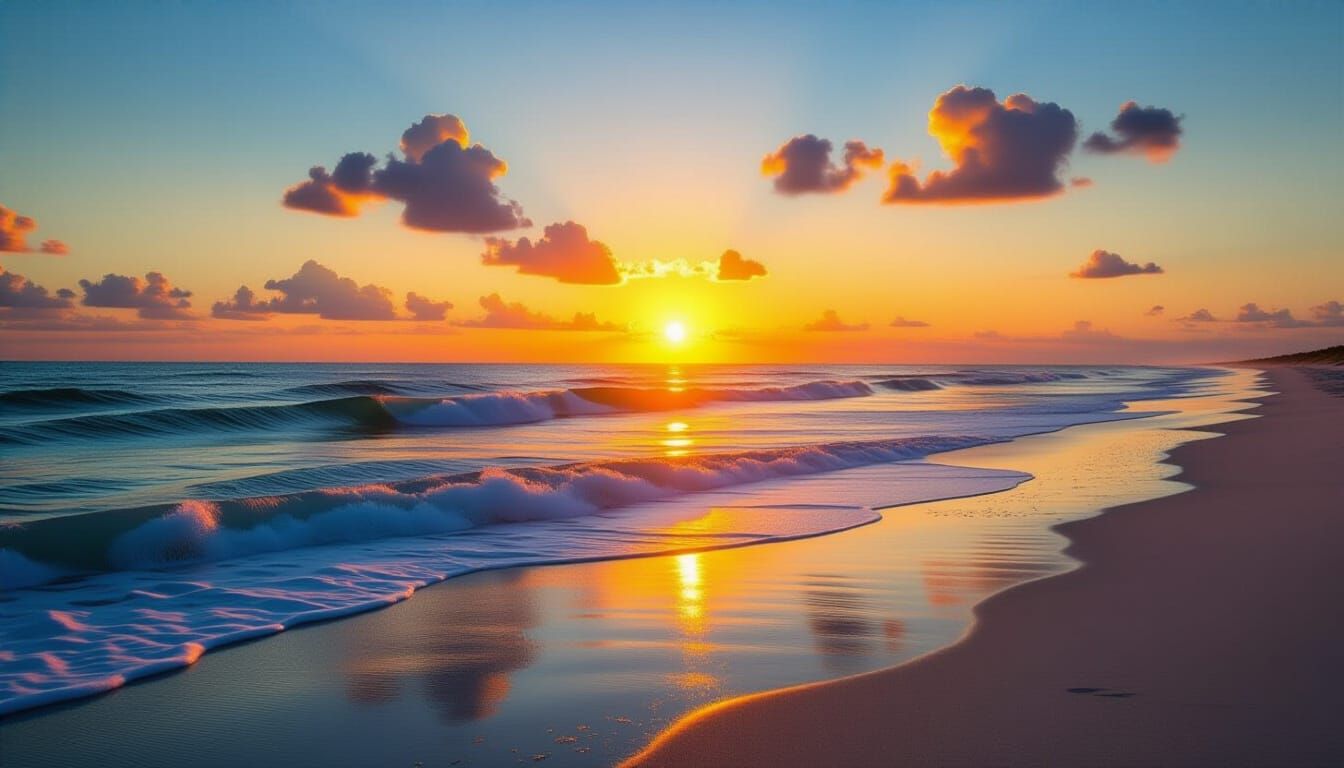 Ultrarealistic Orange Sunset Over a Tranquil Beach