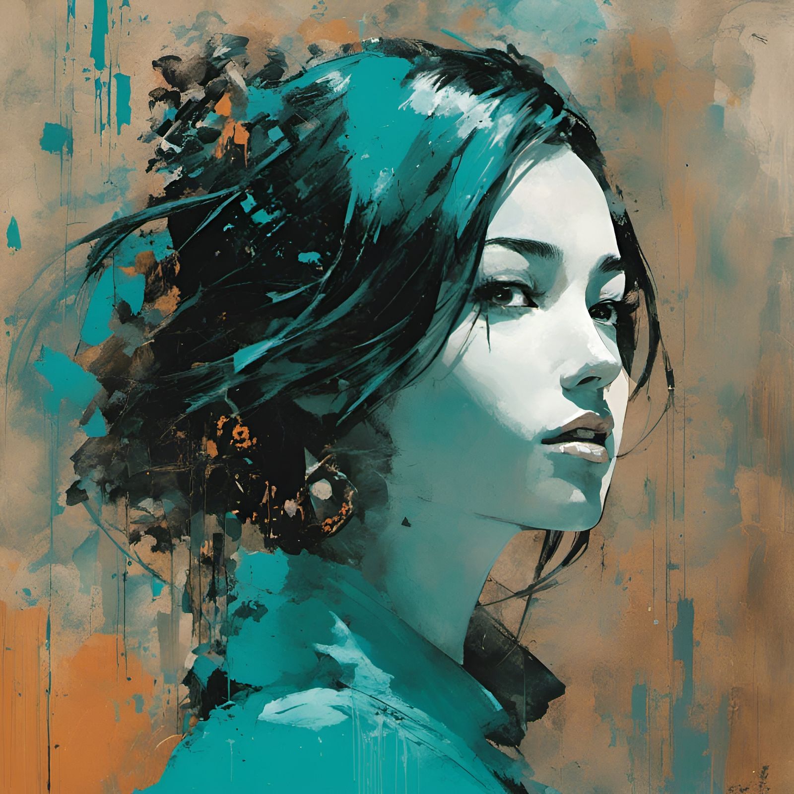 Turquoise Girl in Digital Scribble Art