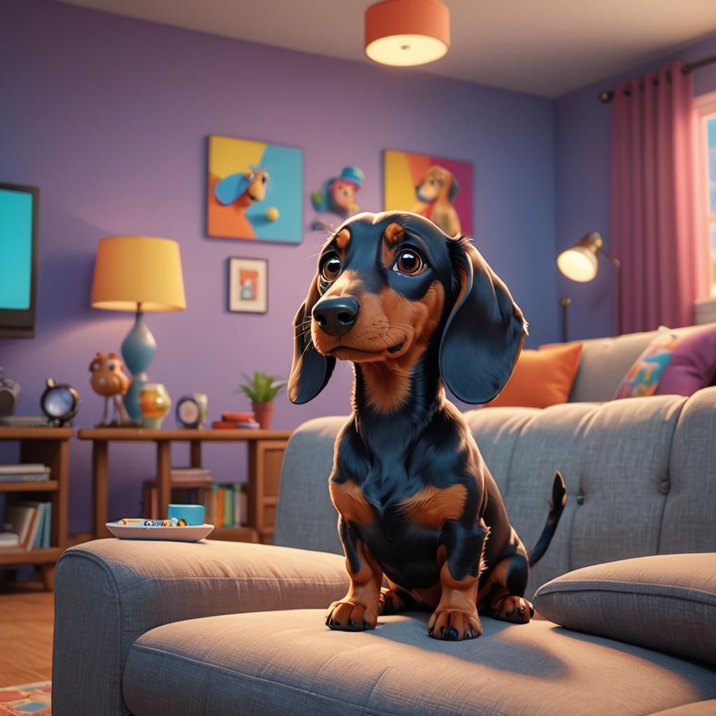 Cartoon Dachshund Dog Watching TV in 3D Style