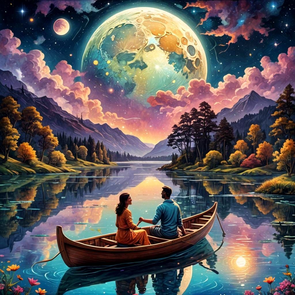 Romantic Moonlit Lake Scene in Pablo Amaringo Style