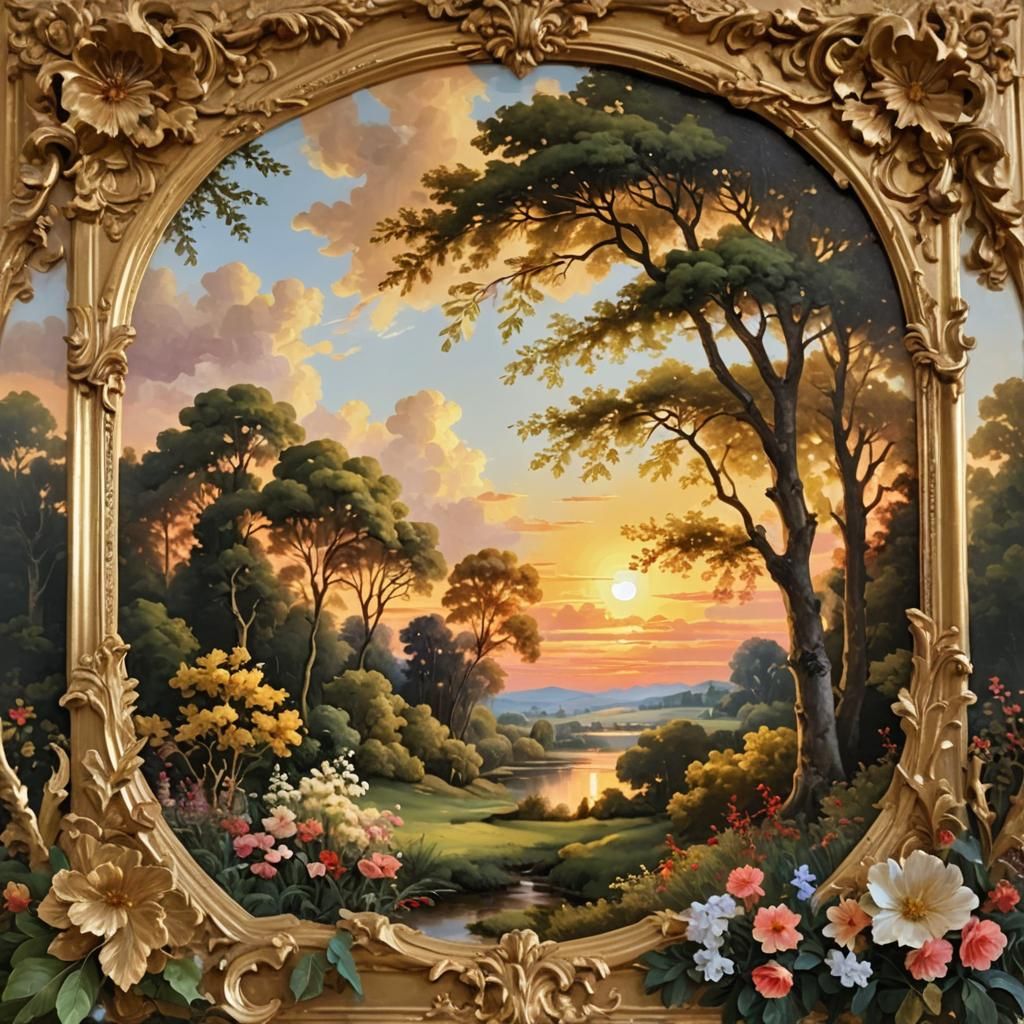 Renaissance Forest Landscape in Golden Frame