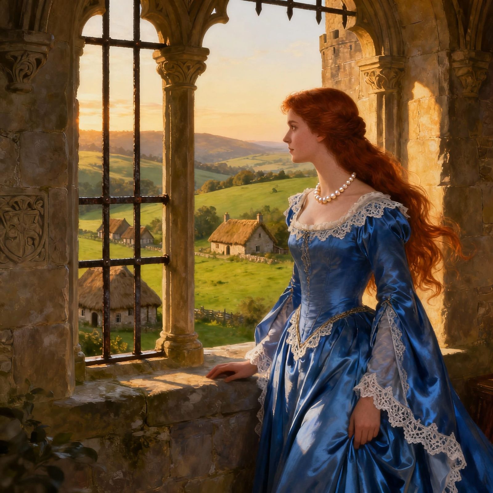 Medieval Princess Gazes Over Countryside from Castle