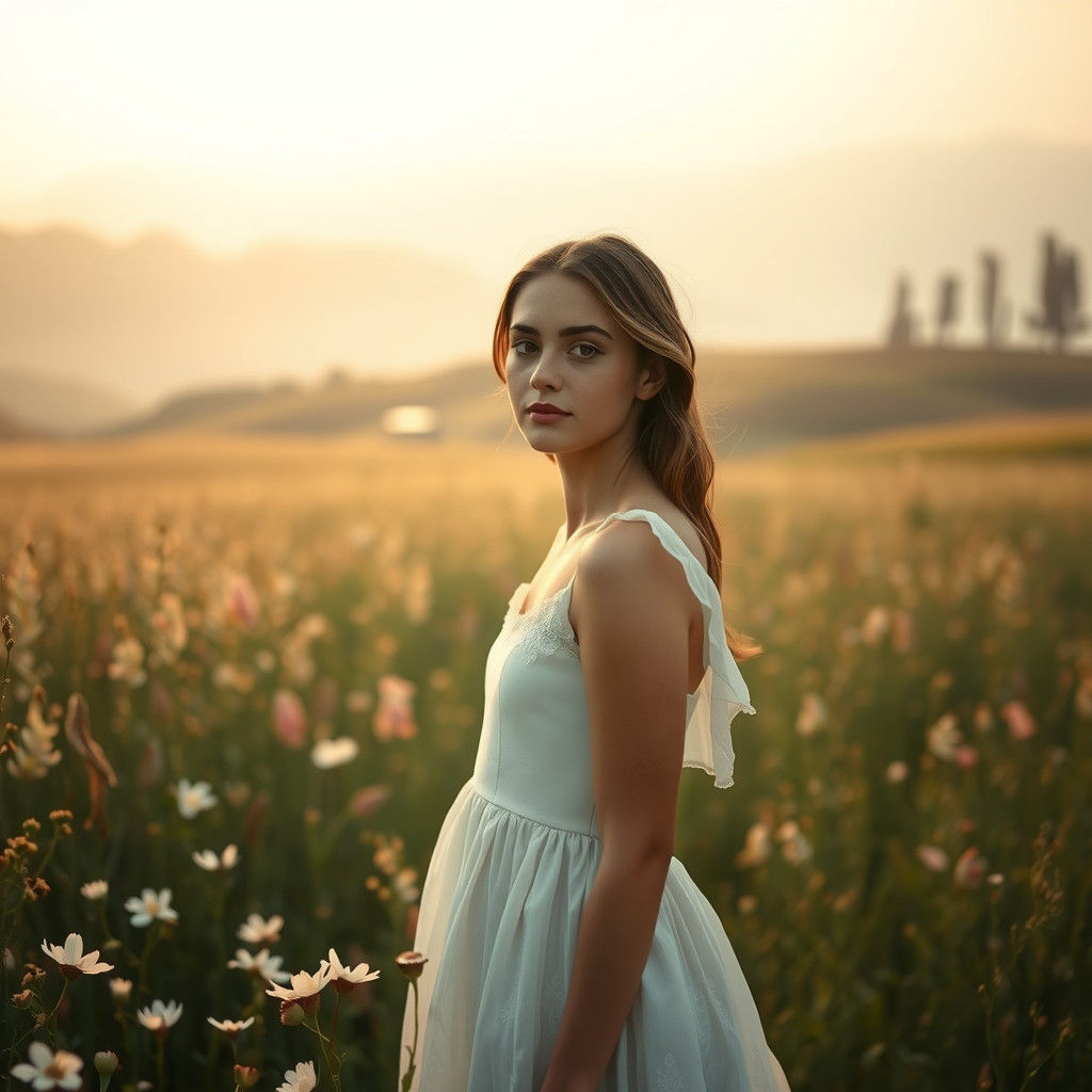 Ethereal Woman in Misty Dawn Landscape