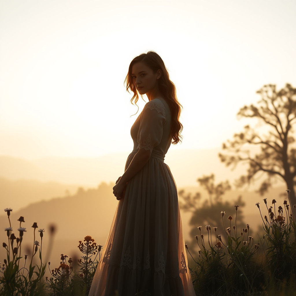 Ethereal Silhouette: Woman in Foggy Dawn Landscape