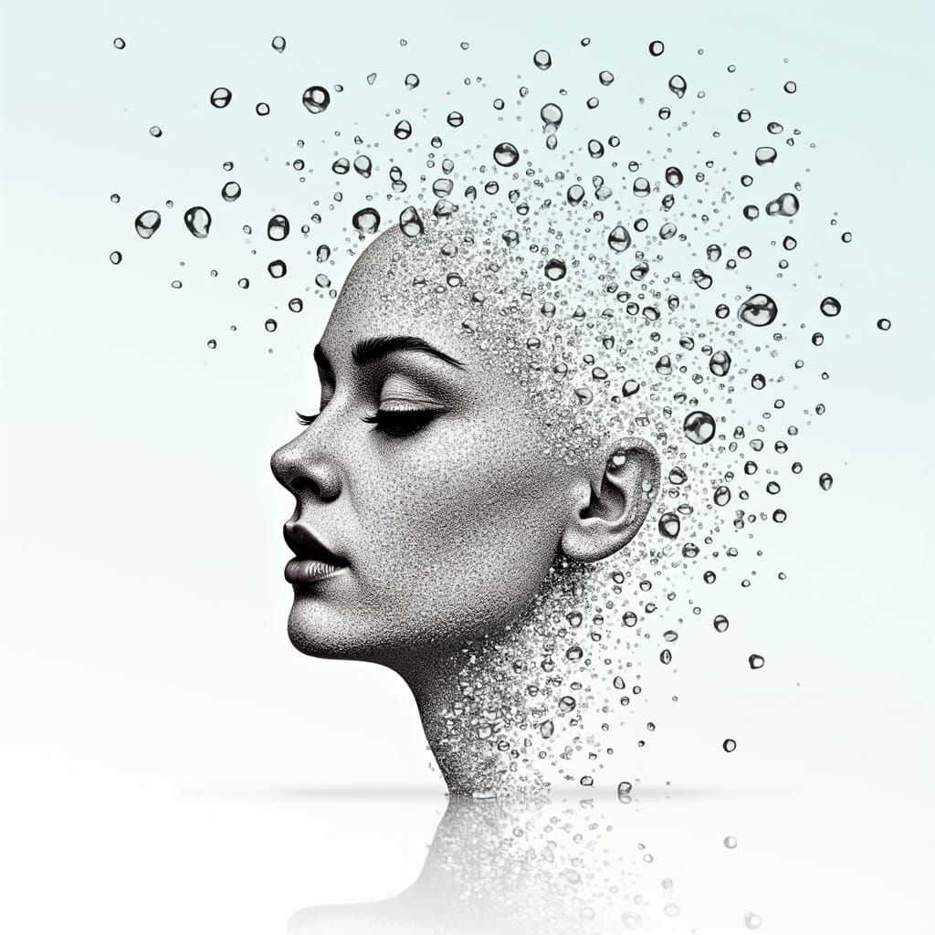 Ethereal Girl's Profile, Dissolving into Fragile Orbs