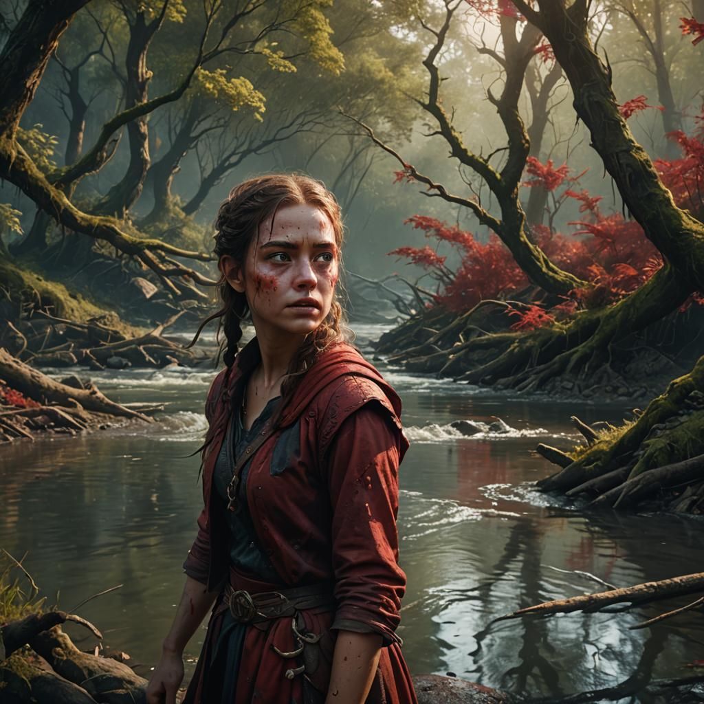 Girl's Fearful River Reflection: Detailed Fantasy Art