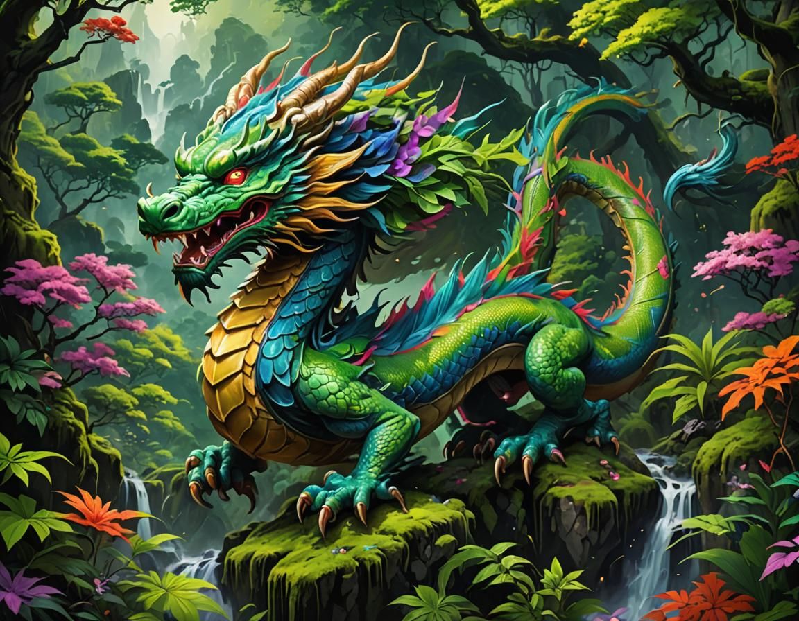 Japanese Dragon in Mountain Forest: Digital Graffiti Art