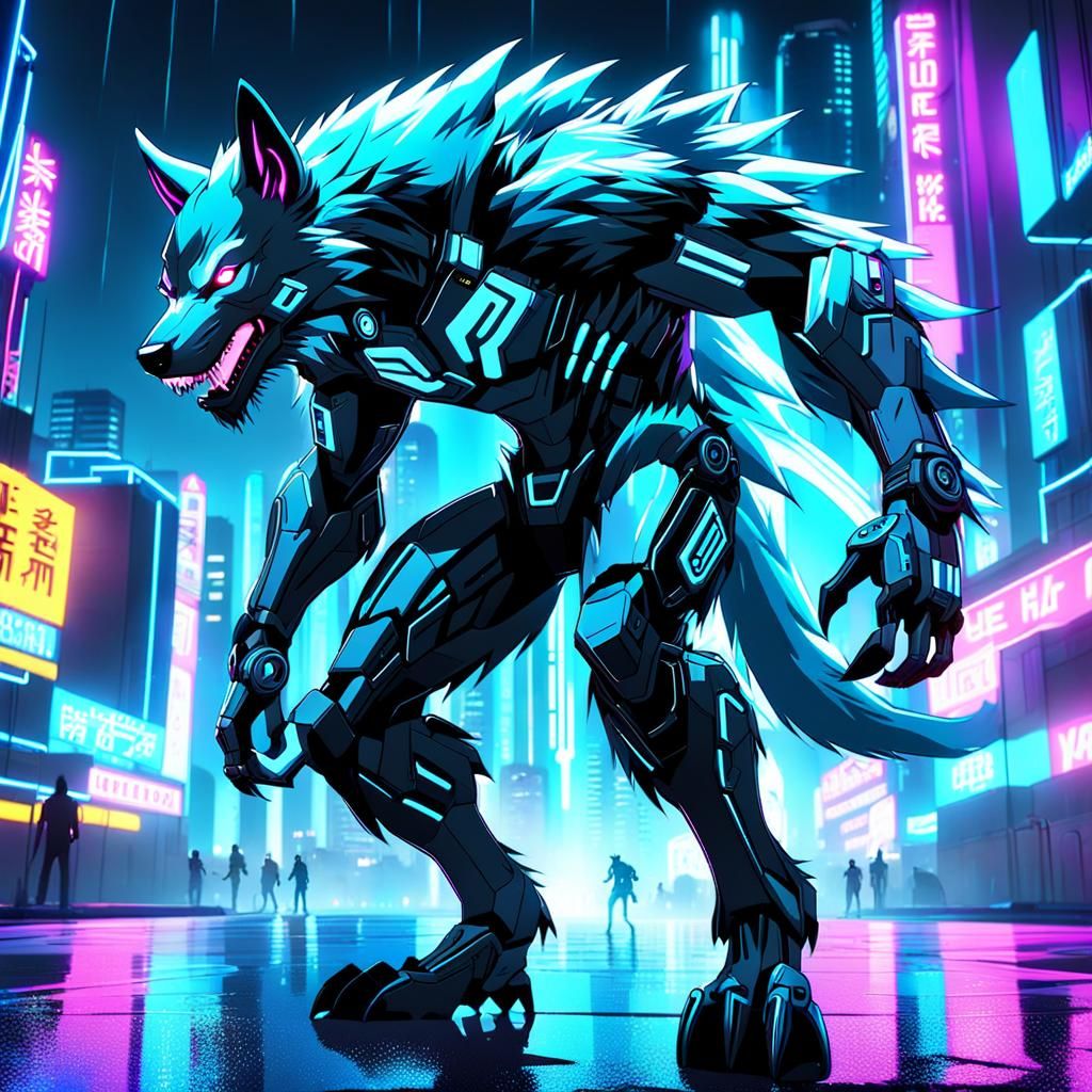 Cybernetic Werewolf in Neon City: Cyberpunk Concept Art