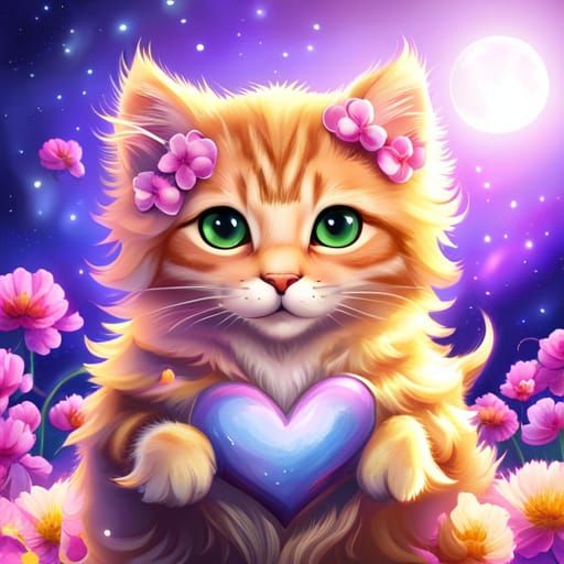 Pastel Kitten in Heart Costume: Anime Matte Painting