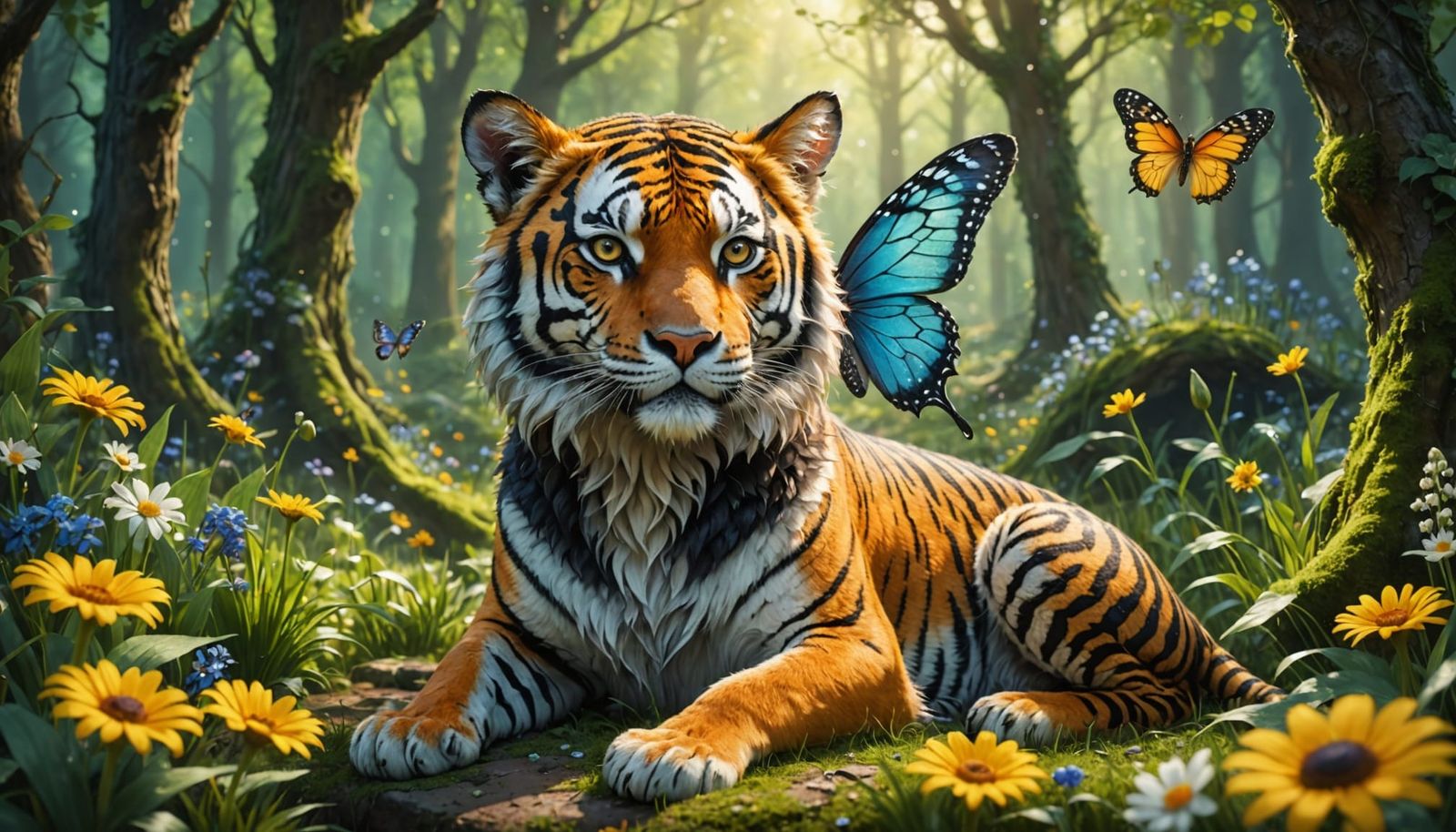 Fairy on Tiger's Head in Detailed Digital Painting