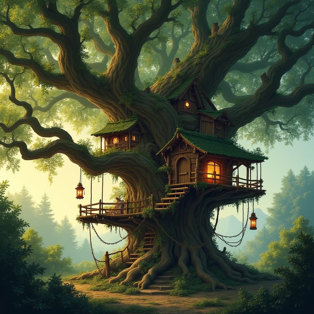 Ancient Treehouse Shines in Fading Light, Filled with Whimsy...