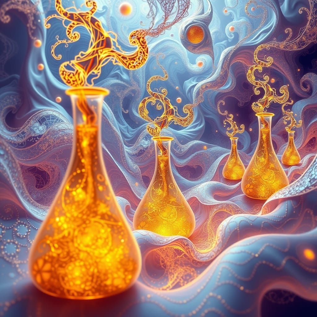 Ethereal Golden Flasks in Abstract Fractal Dance